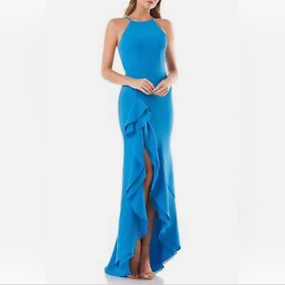 Carmen Marc Valvo Infusion Cascading Ruffle Halter Mermaid Evening Gown Peacock - Picture 2 of 12
